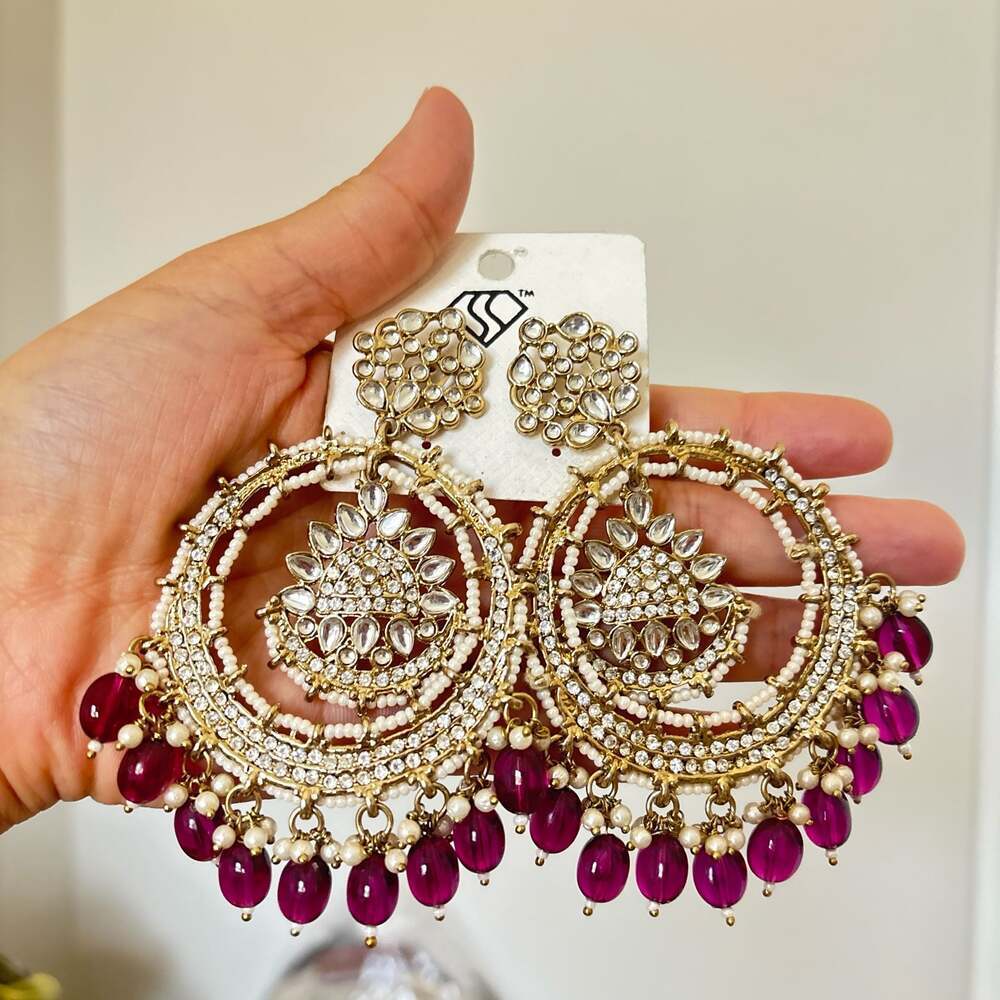 Gold-Tone Kundan and Purple Bead Chandbali Earrings‎